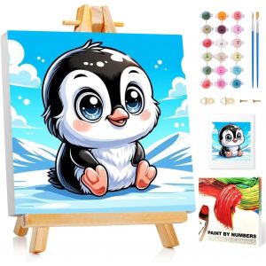 KALANKA-Peinture par numéros pour enfants avec cadre, motif de pingouin à partir de 5, 6, 7, 8, 9, 10 ans, fille et garçon, peinture par numéros pour cadeaux et décoration murale, 20 x 20 cm, avec ch - Neuf