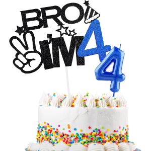 ERYI-Décoration De Gâteau « Bro I'M 4 » Et Bougie « Happy Birthday » En Forme De Chiffre 4 Pour Garçons - Fournitures De Gâteau D'Anniversaire Pour Garçons - Décorations De Fête D'Anniversaire Pour 4 - Neuf