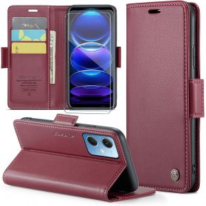 Kal-Coque Pour Xiaomi Redmi Note 12 5g/Xiaomi Poco X5 5g+ 2 Pi&egrave;ces Verre Tremp&eacute;,Antivol,Prend En Charge Le Chargement Sans Fil, Pochette Fermeture Magn&eacute;tique Flip Case-Bourgogne - Neuf