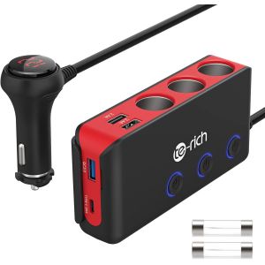 Adaptateur Allume-Cigare, Chargeur De Voiture Usb C &Agrave; Charge Rapide (20 W Usb C Et 18 W Qc 3.0), 3 Prises Allume-Cigare Et 4 Ports Usb (5 V/10.4 A), C&acirc;ble D'Extension 12 V Pour Sat Nav/Van/Camion - Neuf