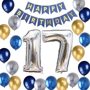 SJZG-D&eacute;coration D'Anniversaire 17 Ans Gar&ccedil;on U2013 Ballon Bleu, Argent M&eacute;tallis&eacute;, Dor&eacute; U2013 Kit De D&eacute;coration Pour Gar&ccedil;ons De 17 Ans - Neuf