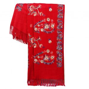 Écharpe D'hiver Brodée De Motifs De Fleurs, Longue Écharpe De Style Ethnique, Châle Épais Et Chaud Pour Femmes-Vin Rouge - Neuf