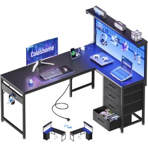 SUBZONAL-Bureau Gaming avec LED, 130 x 100 cm R&eacute;versible Table Gaming avec Tiroirs et Prises de Courant, Bureau d'angle avec Compartiment de Rangement, Noir Carbone - Neuf