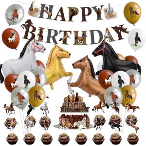 MEVRONISSHOP-36 D&eacute;co Anniversaire Cheval, Kit Ballon Anniversaire, Comprend 16 &times; Ballons, 15 &times; Cupcake Toppers, 4 &times; Cheval de Fleuret, 1 &times; Banni&egrave;re HAPPY BIRTHDAY, D&eacute;co pour Gar&ccedil;on et Fille - Neuf