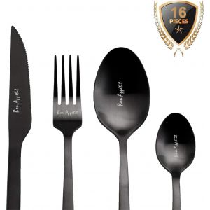 Checarzhn--No1-Ménagère De Couverts Inox Noirs Mats Pour 4 Personnes. Ensemble De Couverts De Table Personnalisés 16 Pièces En Acier Inoxydable « Bon Appétit ». Présentation Coffret Cadeau - Neuf