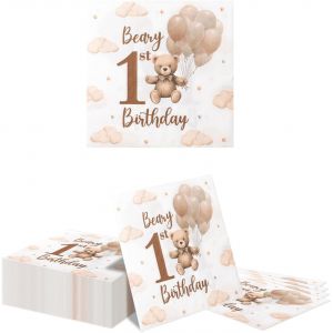 MEVRONISSHOP-40 Pi&egrave;ces Serviettes B&eacute;b&eacute; B&auml;r Baby Shower 16,5 cm Jetables Cocktail Invit&eacute; D&icirc;ner Serviettes en Papier pour Gar&ccedil;ons Filles R&eacute;v&eacute;lation de Genre 1er Anniversaire F&ecirc; - Neuf