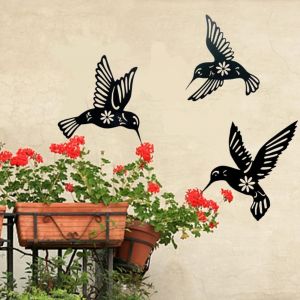 Lot de 3 décorations murales en métal noir pour extérieur, oiseaux, salon, jardin, colibri, pour intérieur et extérieur - Neuf