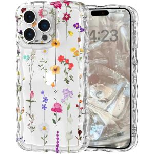 Kal-Coque Pour Iphone 15 Pro Clair Transparent Avec Cadre Ondulé Bouclé, Housse Etui Motif De Fleur Florale Mignon Pour Femme Fille,Bumper Case Protection Antichoc En Silicone Souple,Fleur 3 - Neuf