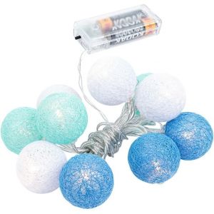 Kal-Guirlande Lumineuse Avec 10 Led - Fonctionne Avec Piles - 10 Boules En Coton En 3 Couleurs - Diamètre 35 Mm Par Boule - Avec Minuterie (Blanc, Menthe, Bleu Clair) - Neuf