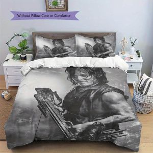 Housse De Couette Daryl Dixon &laquo; The Walking Dead &raquo; Motif Tir &Agrave; L'arc - Imprime Noir Et Blanc Avec Arbal&egrave;te, 1 Housse De Couette + 2 Taies D'oreiller, Polyester, Fermeture &Eacute;clair, T - Neuf