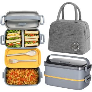 Tzf-Bento Lunch Box Kit,1600ml 2 Etages Boite Repas Avec Sac Isotherme Repas, Hermétique Boîtes Bento Pour Pique Nique, Travail, Goûter, Ecole, Boîte À Lunch Micro Ondable(Gris) - Neuf