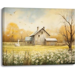 Eryi-Tableau Sur Toile Chalets Et Fleurs, Impression Sur Toile Style Rustique, Décoration Murale Moderne, Tableau De Cuisine Pour Salle À Manger Chambre Maison,40x30cm, Cadre En Bois Intégré - Neuf
