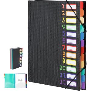 JEXNOVASHOP-Trieur 12 Compartiments A4, 180&deg; Lay-Flat Open Trieur Document, Classeur Rangement Documents avec bande &eacute;lastique, Organiseur A4 noir avec &eacute;tiquettes Rainbow Label, id&eacute;al pour bureau et &eacute; - Neuf