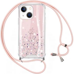 Coque Iphone 14 Plus 6,7'' Transparente À Paillettes Avec Lanière Réglable - Pc Rigide + Silicone Antichoc, Protection Caméra, Rose - Neuf