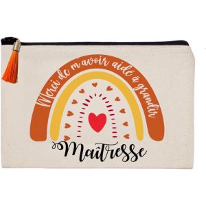MAA-Trousse/Pochette Merci Maîtresse de m'avoir aidé à Grandir 100% Coton, idée Cadeau, Fin d 'année Scolaire, maitresse, AVS, Atsem, Nounou - Neuf