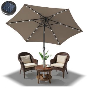 Parasol 2,7 M Uv50+, Inclinable, Parasol De Jardin Et De Plage Avec &Eacute;clairage Led Solaire, Toile Avec Rev&ecirc;tement Pa, Taupe - Neuf
