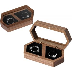 Boîte À Bagues En Bois De Noyer, Ecrin Bague En Velours Intérieur, Boite Cadeau Bijoux De Mariage, Cadeau Anniversaire Femme Fiancaille Rangement Bijoux Et Présentoirs À Double Fente (Noir) - Neuf