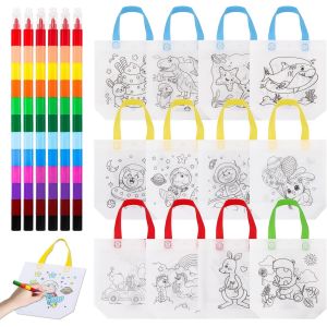 Kalanka-Sac A Colorier Enfant, 12 Sacs En Tissu Pour Peindre Enfants Et 6 Crayons De Cire Empilables(12 Couleurs En 1), Diy Sac De Peinture Des Enfants Pour Les Cadeaux De Fête D'anniversaire - Neuf