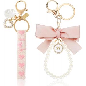 KAL-Lot De 2 Porte-Clés Roses Pour Femme - Porte-Clés Mignon - Paillettes - Porte-Clés De Voiture - Bracelet De Perles - Porte-Clés - Sac À Main - Pendentif Geste, Rose - Neuf