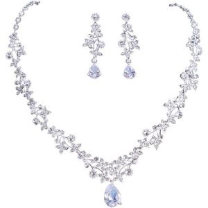 Meimie-Ensemble De Bijoux Demariage Cristal Parure Collier Et Boucles D'oreilles En Argent Avec Strass Fleur Feuille Pendentif Soirée Cadeau Pour Femmes Et Filles - Neuf