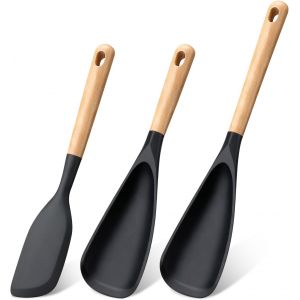 Spatule Multifonctionnelle Avec Cuill&egrave;re De Cuisine, Lot De 3 Spatules Et Cuill&egrave;res Pour Ustensiles De Cuisine Antiadh&eacute;sifs, Manche En Bois Pour M&eacute;langer, Ramasser Et Racler - Neuf