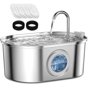 3.2l Fontaine &Agrave; Eau Pour Animaux De Compagnie En Acier Inoxydable, Fontaine &Agrave; Eau Pour Chat Ultra Silencieuse Avec Lumi&egrave;re Led, 4pcs Filtre &Agrave; Charbon + 2pcs &Eacute;ponges (Ellipse, 3.2l) - Neuf