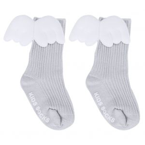 1 Paire De Chaussettes Hautes Et Douces A Volants Pour Bebe Fille, Motif Ailes D'ange (Gris L) - Neuf