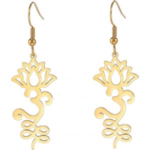 Kal-Boucles D'oreilles Lotus Om Pour Femmes En Acier Inoxydable Symbole Spirituel Om Boucles D'oreilles Pendantes Fleur De Lotus Bijoux De Yoga Cadeau D'inspiration - Neuf
