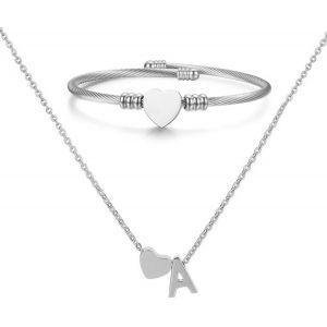 Kal-Collier Pendentif Lettre Initiale Personnalisée Femme Collier Initiale Coeur Bracelet Coeur Ouvert Ajustable Bracelet De Manchette En Acier Inoxydable A-Z Pendentif Collier Femmes Filles - Neuf