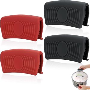 Lot De 4 Poign&eacute;es De Maniques En Silicone-Clip De Poign&eacute;e En Silicone-Isolation Thermique-Protection Des Doigts-Pour La Cuisine (Rouge Et Noir) - Neuf