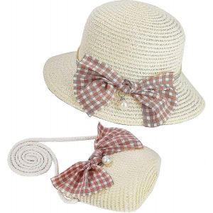Filles Chapeau De Paille Et Mini Paille Bandoulière Sac Ensembles Avec Bowknot Décoration Chapeau De Soleil De Plage D'été - Neuf