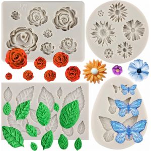 Lot De 4 Moules En Silicone En Forme De Fleur De Rose Fondant Marguerite Fleur Feuille Papillon Pour D&eacute;coration De G&acirc;teaux Cupcakes Sucre P&acirc;te &Agrave; Gomme Bonbons Chocolat Argile Polym&egrave;re - Neuf