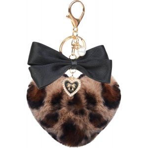 Cheng-Porte-Cl&eacute; Pompon L&eacute;opard En Peluche Forme De Coeur Avec Bo&icirc;te Pendentif Noir Noeud Papillon Perle D&eacute;cor Pour Voiture Sac &Agrave; Main Saint-Valentin No&euml;l - Neuf
