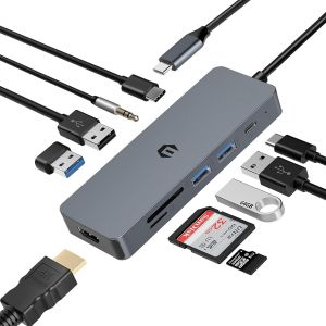 10 en 1 USB C Hub, USB C Adapter Docking Station, USB C Dock avec Sortie HDMI 4K, Compatible pour Ordinateur Portable, Surface Pro 8 (PD 100W USB 3.0 TF Card Reader) - Neuf