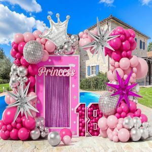KALANKA-Lot de 145 arches de ballons rose argenté avec ballon disco rose argenté étoile couronne ballons pour fête à thème Barbie Princesse Fête d'anniversaire fille bébé douche anniversaire mariage - Neuf