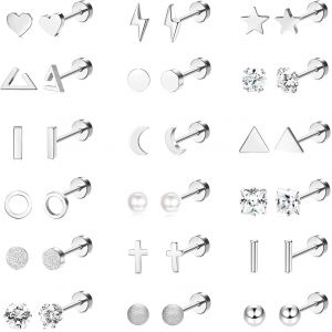 Kal-18 Paires Petite Boucles D'oreilles Femme Acier Inoxydable Hypoallerg&eacute;nique Boucle D'oreille Argent Multiples G&eacute;om&eacute;triques Boule Opale Etoile Lune Coeur Perle Fleur Cz Piercing Oreille - Neuf