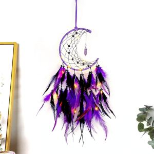 ERYI-Attrape-Rêves Lune Avec Lumières Pour Filles Et Femmes, Anniversaire, Attrape-Rêves Violet Noir Avec Lumières Led Pour Décoration De Chambre De Bébé Enfant, Décoration Murale, Cadeau De Mariage, - Neuf