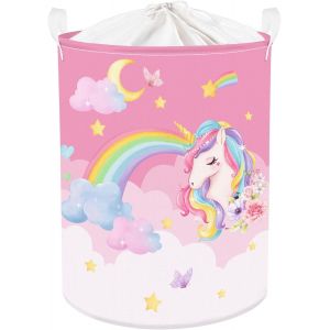 TIANYI-45L Corbeilles &agrave; Linge Licorne Arc-en-ciel Nuage Lune &Eacute;toiles Fleur Paniers &agrave; Linge Rose Sale Filles Pliables Rond pour Jouets V&ecirc;tements, 36x45 cm - Neuf