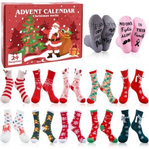 Jgd-Calendrier De L'avent Chaussettes 2025-12 Paires De Chaussettes Coton Pour Femme Et Homme - Taille Unique 36-41 - Dr&ocirc;les Avec Motifs De No&euml;l - Id&eacute;e Cadeau De No&euml;l - Neuf
