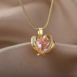Bohême Rose Zircone Cubique Collier Pour Femmes En Acier Inoxydable Coeur Ailes Pendentif Colliers Cristal Ras De Cou Couple Bijoux Cadeau - Neuf