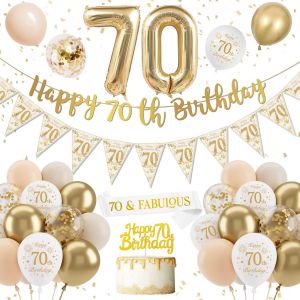 SJZG-Decoration Anniversaire 70 Ans, Deco 70 Ans Anniversaire Femme Homme, Blanc Or Ballon 70 Ans, Banderole Joyeux Confettis Latex Ballons Pour Femme - Neuf