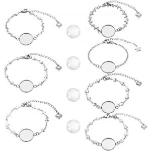 Ph 28pcs Ensembles De Cabochons De Bracelet,Comprend Un Bracelet En Acier Inoxydable De 14pcs Avec Plateau Et 14pcs 16mm Cabochons En Verre Clair Plat Rond Fête Des Mères - Neuf
