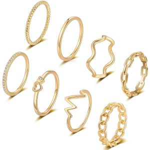Lot De 8 Bagues Empilables Plaquées Or 14 Carats Pour Femme - Neuf