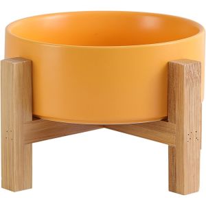 Kalanka-Gamelle Jaune Pour Chat Et Chien - En Céramique - Avec Support En Bois Et Pieds Antidérapants - 400 Ml - Neuf