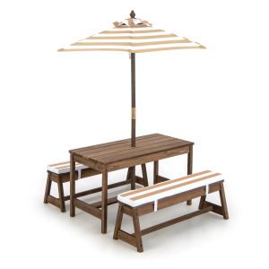 Table Et 2 Bancs De Jardin 89 X 44 X 50 Cm Avec Parasol R&eacute;glable Ambiance Cosy En Sapin Caf&eacute; Helloshop26 20_0019648 - Neuf