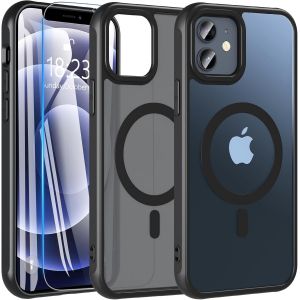 Eryi-Coque Pour Iphone 12/Iphone 12 Pro Avec Verre Trempé, Magnétique Coque Compatible Avec Magsafe, Antichoc Protection Etui Translucide Mat Arrière Housse Pour Iphone 12/Iphone 12 Pro (Noir) - Neuf