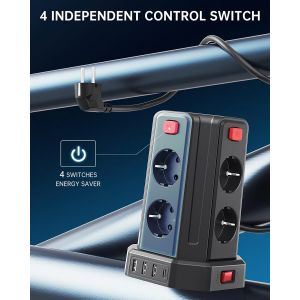 Tour Multiprise avec Interrupteur, Multiprise Parafoudre et Surtension avec 8 Sortie AC et 4 Ports USB(Max 5V/3.4A) Prise Multiple Rallonge Electrique 3M Convient pour Maison, Bureau, Noir - Neuf