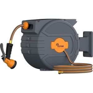 Ulteronixshop-Enrouleur de tuyau 25 m + 2 m, avec rembobinage automatique et rotation &agrave; 180&deg;, bo&icirc;tier mural avec but&eacute;e de verrouillage et 7 buses de jet, pour l'arrosage du jardin et le lavage de voi - Neuf