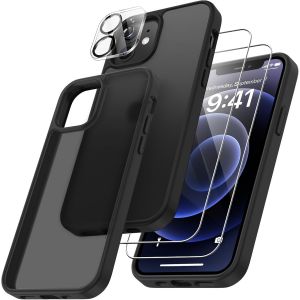 4 En 1 Coque Pour Iphone 12 Avec 2 Verre Tremp&eacute; Et 1 Cam&eacute;ra Protecteur, [Coussin D'Air Int&eacute;gr&eacute;] Antichoc Antirayures Bumper Protection Housse Pour Iphone 12 6.1"", Noir Vintage - Neuf