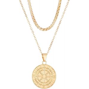 Kal-Boussole Collier Pour Femmes, Collier Avec Pendentif Boussole Or/Argent, Double Collier Femme Cadeaux De Festivals Pour Famille Amis - Neuf